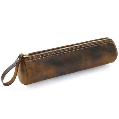 China Crazy Horse Genuine Leather Pen Holder Vintage Zipper Pencil Bag Mini Pencil Handmade Gift Bag for sale