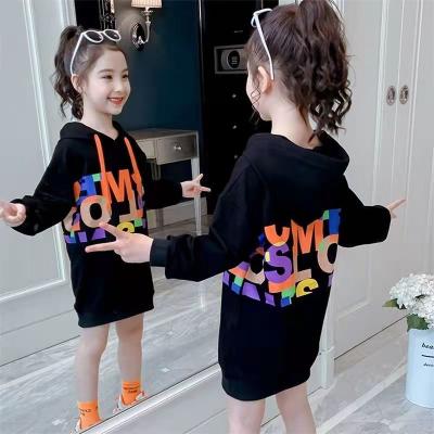 China Anti-pilling in Running Letter Printed Kids Hoody Clothes Long Black Causal Hoodies 5-12T Sweatshirt Dress for Teenager Girls for sale