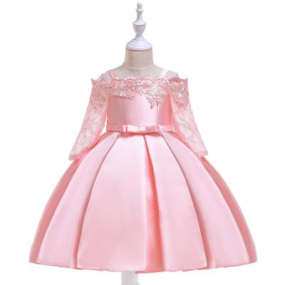 China New Girls' Dresses Breathable Lace Hollow Out Long Sleeve One-Shoulder Princess Dresses Kids Wear for sale