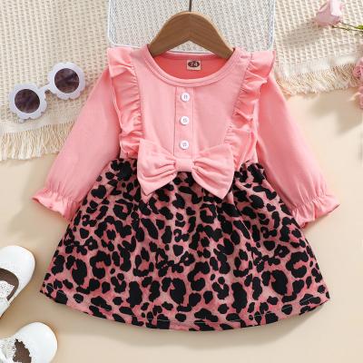 China Breathable Hot Selling Heart Spring Infant Babies Dress Long Sleeve Leopard Pattern Bow Decoration Cotton Kids Clothing for sale