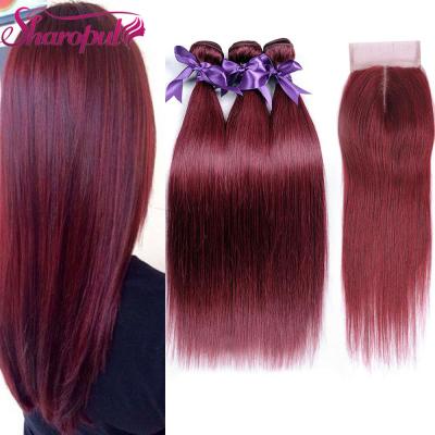 China 100% Brazilian Virgin Hair Silky Straight Wave 3Bundles And Closure Burgundy Color Wholesale Affordable Brazilian Hair for sale