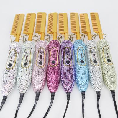 China LCD Temperature Show Bling Diamond Hand Hot Air Comb For Hair Straightener Electronic Hair Straightener Electronic Heating Comb for sale