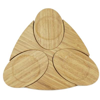 China Sustainable Charcuterie And Meat Tray Natural Bamboo Wooden Serving Boards 3 Connecting Coaster Plates for sale