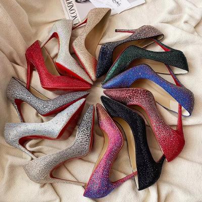 China Hot Round Designer CL Ladies Brand Genuine Rhinestones Rhinestones Women Shiny High Heel Leather Shoes for sale