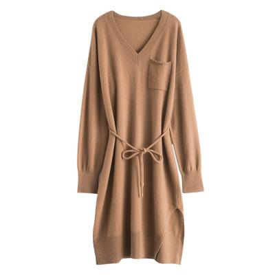 China 2021 new Anti-wrinkle round neck midlength dress knitted solid color cashmere sweater dress for sale