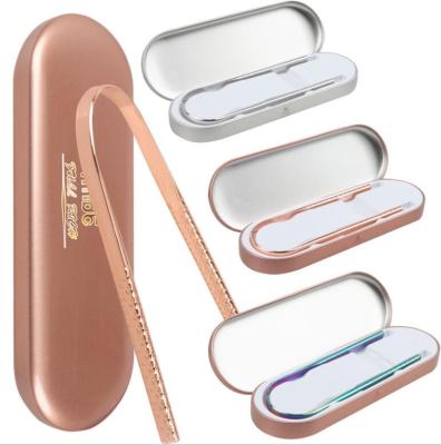 China Bestselling High Quality Oral Clean Stainless Less Metal Rose Gold Tongue Scraper Cleaner With Embossed Pattern With Metal Case for sale