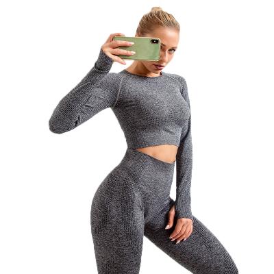 China Breathable Custom Seamless Yoga Wear Long Sleeve Striped Tight Solid Color High Waist Yoga Wear for sale