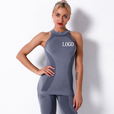 China Breathable Drop Shipping Custom Logo Women Sling Workout Tank Top Slim Strap Yoga Top Gym Wear Full Back Tank Top for sale