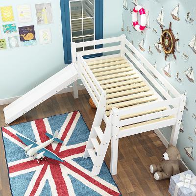 China Solid Wood Furniture Junior Twin Loft Wooden Bed with Slide, Multifunctional Design, White with White Slide for sale