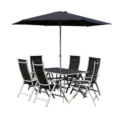 China Weather Resistant Folding 7pcs Outdoor Patio Dining Set With Table, 4 Chairs, Umbrella And Built-in Base for sale