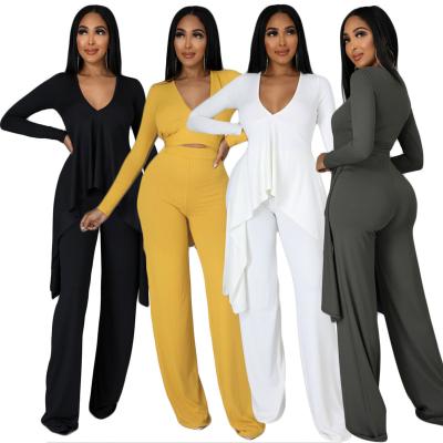 China New Arrival Solid Color Women Autumn Party Tracksuit Bandage Tracksuit Wide Leg Sexy Wide Leg Lace Up Tight Two Piece Set Long for sale