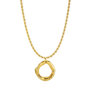 China TRENDY Vintage Stainless Steel Gold Plated Rope Chain Jewelry Melted Circle Textured Charm Round Pending Necklace For Women for sale