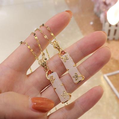 China Real Nickel Free Lead Free Gold Plated Stainless Steel Natural Stone Bamboo Necklace Jewelry Pink Natural Jade Bamboo Necklace For Women Girls for sale