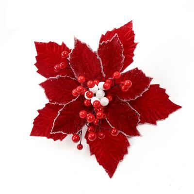 China Chirstmas Decor New Year Decorations Christmas Decorations Party and Holiday Supplies Flowers with Flower Heart Berries Velvet Red Poinsettia for sale