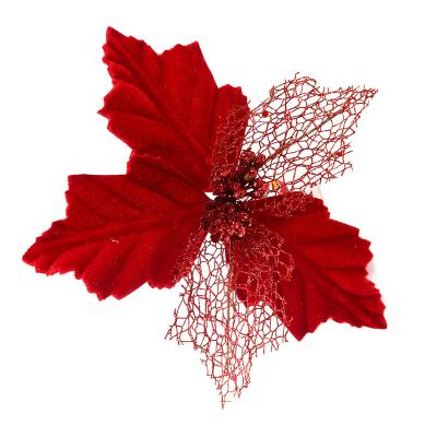 China Wholesale Red Christmas Navidad Poinsettia Flower Stems Fabric Christmas Decoration Suppliers Holiday Home Decor Products with Floral Glitter Red Velvet for sale