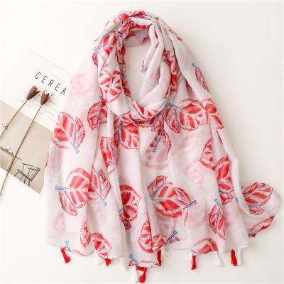 China 2022 hot spring new design fashion long leaves printed tassel scarves women large soft print beach shawls summer for sale