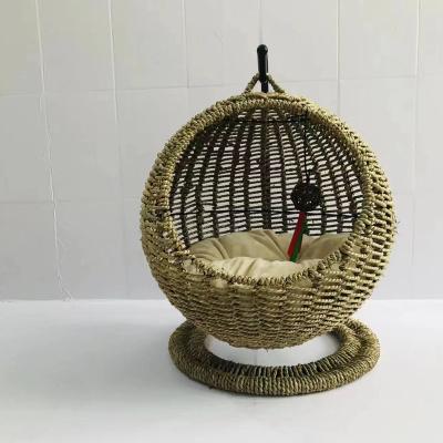 China Handcrafted Wicker Hosue Cat Bed Basket Swinging Pet House Nest For Small Dog Cat for sale