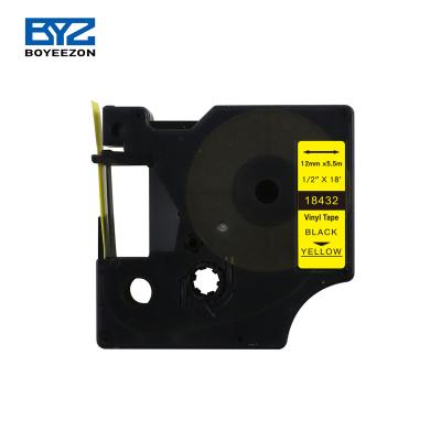 China COMPATIBLE 12mm x 5.5m Black on New 18432 Dymo Vinyl Label Yellow Compatible Tape Pack for sale