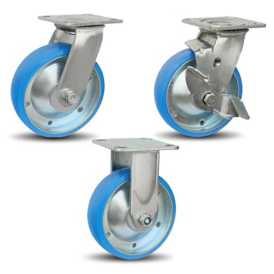 China swivel & Rigid Durable Aluminum Core PU Bracket Blue Steel Swivel Plate With Side Brake Casters Industrial Heavy Duty Wheels for sale