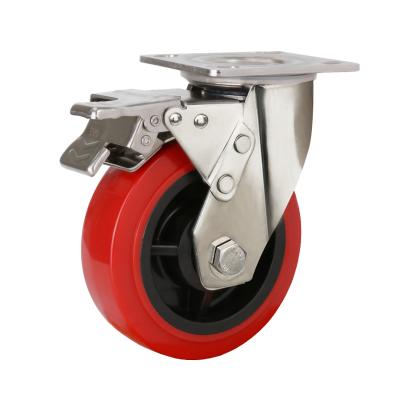 China 6 Inch Stainless Steel Metal Bracket PU Caster Wheel Black Rigid Red Plastic Full Brake Caster Heavy Duty Caster Wheels for sale