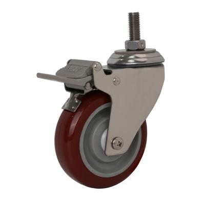 China PIVOT 4 Inch Swivel Threaded Stem Brake Double Ball Bearing PU Stainless Steel Casters Total Medium Duty Wheels for sale