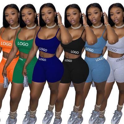 China 2021 hot sale custom logo fashion casual camisole top anti-pilling summer solid color cropped 2 pieces set for woman for sale