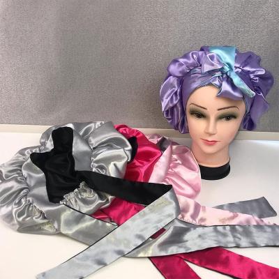 China New Popular Reversible Eco-friendly Double Layer Satin Hair Silk Hood With Long Band Long Tie Sleeping Hair Hood for sale