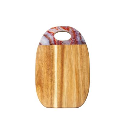 China Sustainable 100% Natural Oil Finished Oval Shape Marble And Acacia Wood Cutting Board With Handle for sale