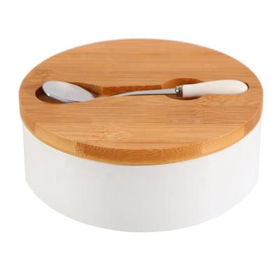 China Microwavable Ceramic Bread Bin with Cutting Board Bamboo Wood Lid Modern Bread Box Bin for Food Storage for sale