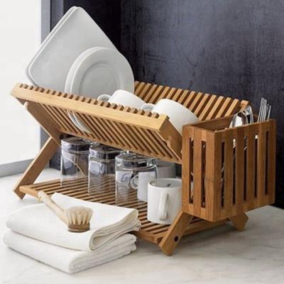 China 2 Tier Kitchen Sink Foldable Foldable Dish Drainer Bamboo Dish Drying Rack With Drainer Utensils Storage Rack for sale