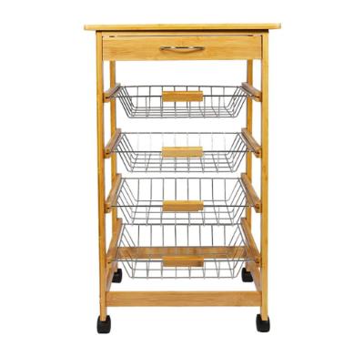 China Eco-friendly Bamboo Kitchen Trolley Cabinet Kitchen Cart Design With Four Baskets for sale