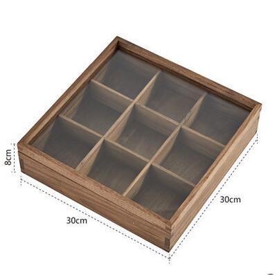 China Customized Viable 9 Compartments Black Acacia Walnut Tea Storage Box Wooden Holder With Glass Or Wooden Lids For Snacks Tea Bags for sale