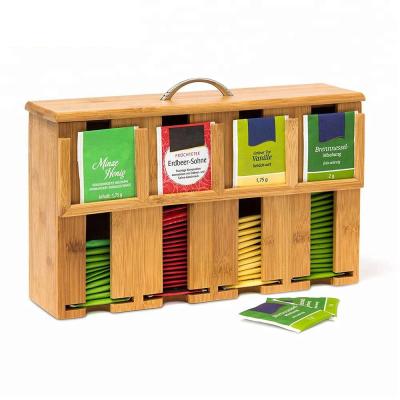 China 4 Compartment Viable Wholesale Dispenser Coffee Sugar Tea Bag Storage Display Rack Bamboo Wooden Organizer for sale