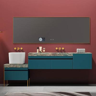 China Luxury Hotel Antique Design Bright Dark Green Painted Wall Mounted Long Wooden Bathroom Cabinets for sale