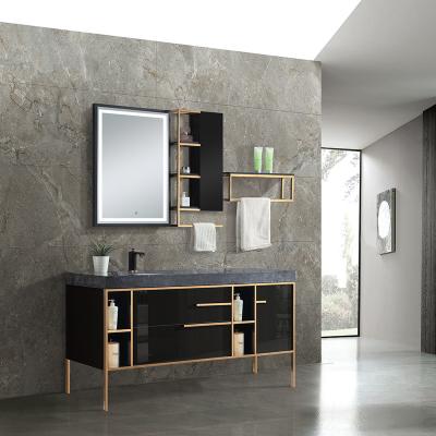 China Modern Luxury Black Gold Bathroom Cabinet Custom Floored Melamine With Plywood Custom Bathroom Vanities for sale