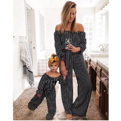 China Breathable Spring Mum & Me Outfits Off-Shoulder Stripe Family Matching Clothes Casual High Waist Full Sleeve Mum & Me Overalls for sale