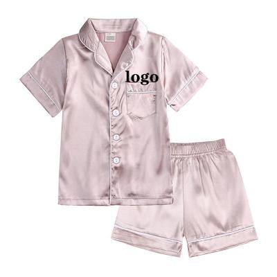 China Breathable Customize Toddler Pj Summer White Satin Kids Pajamas Short Sleeve Button Down Shirt + Shorts Matching Casual Baby Lounge Set for sale