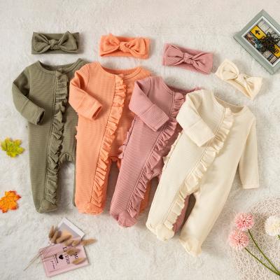 China Custom Newborn Infant Casual Toddler Boutique Clothing Toddler Girls Overalls Cotton Waffle Rompers With Headband for sale