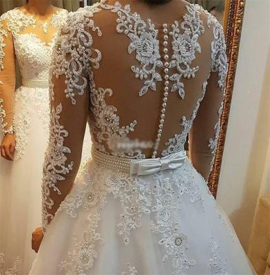 China Elegant Muslim Wedding Dresses 2021 Breathable White Women Plus Size Sheer Long Sleeve Beading Mesh Lace Wedding Dress for sale