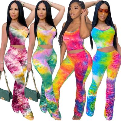 China 2020 QUICK DRY fashionable tie dye apparel ruched legs pants women summer two piece sets 2 piece set top and panty for sale