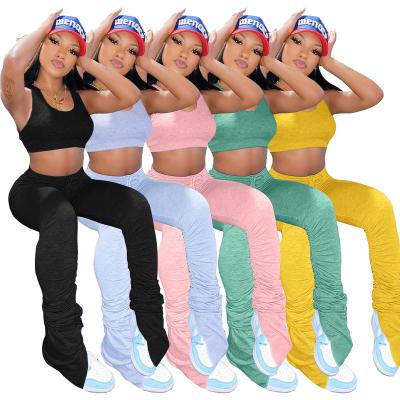 China Fashion Breathable Women 2 Pieces Sets Tracksuits Strap Sleeveless Long Pants Solid Stacked Gaiters Matching Outfits for sale