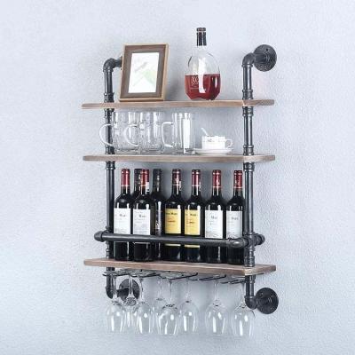 China Wall Mounted Adjustable (Height) Shelf Wine Rack with 5 Rod Glass Rack, 24in Real Wood Shelves Kitchen Wall Shelf Unit, Rustic Floating 3-Tiers Bar for sale