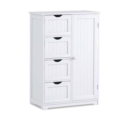 China Modern Wooden Bathroom Floor Cabinet with 1 Door and 4 Drawer, Free Standing Wooden Entryway Closet Space Saver Cabinet, White for sale