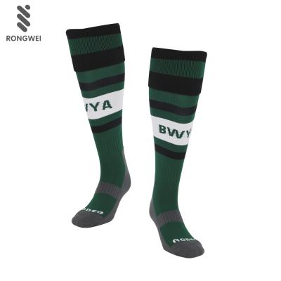 China Antibacterial Custom Sports Logo Green Stripes Knee High Soccer Football Socks For Kids for sale