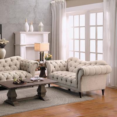 China Removable cushion seat high quality modern couch beige chesterfield sofa 3seater wooden leg chester sofa modern fabric living room for sale