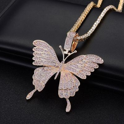 China Zircon Butterfly Pendant Hip Hop Bling Zircon Butterfly Jewelry Brass Butterfly Pendant Necklace High Quality For Men for sale