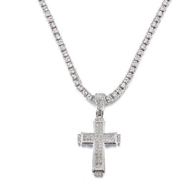 China Trendy Custom Chain Necklace Tennis Diamond Cross Pendant Women Cross Necklace For Men Hip Hop Jewelry for sale