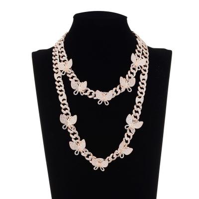 China Wholesale Custom Made Fashionable Rhinestone Alloy Hip Hop Necklace Jewelry Butterfly Cuban Link Chains Necklace For Men for sale