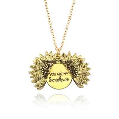 China ALLY You Are My Sun Sunflower Double-Layer Lettering Necklace Alloy Double-Sided Flower Short Clavicle Chain for sale