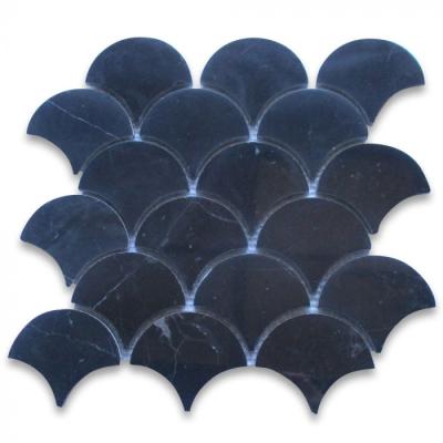 China Modern Nero Marquina Fish Scale Fan Shape Black Marble Tall Mosaic Tile Polished for sale